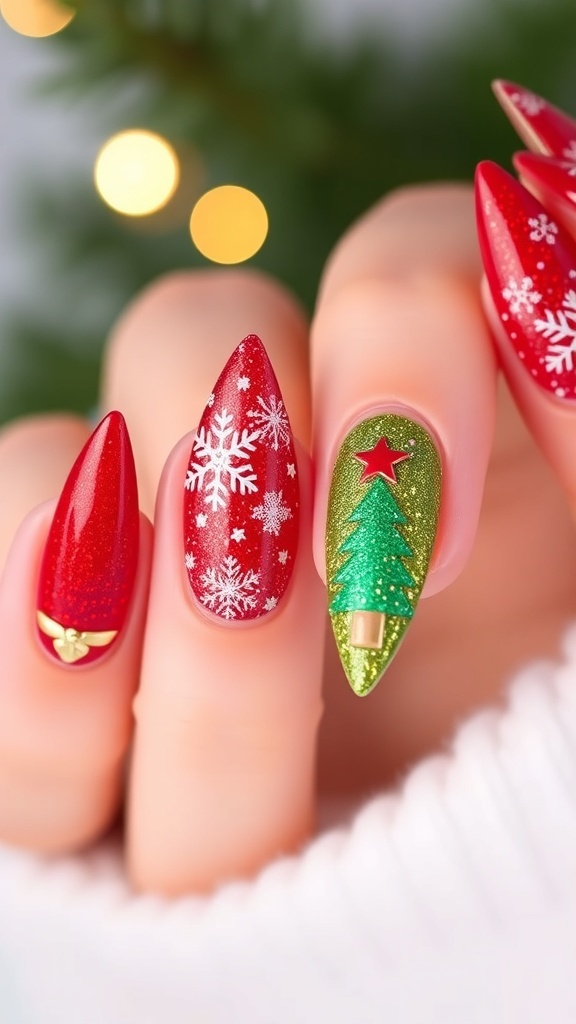 Close-up of short pointy Christmas nails with red, green, and glitter designs.